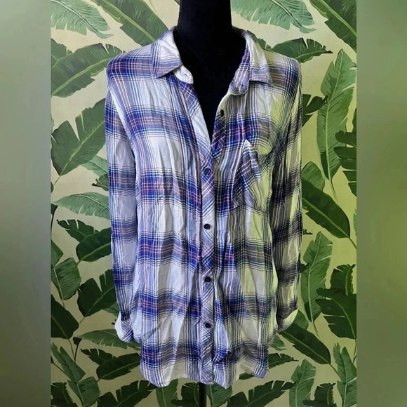 Rails Hunter Plaid Long Sleeve Button Down Blouse Size M white blue - Picture 1 of 6